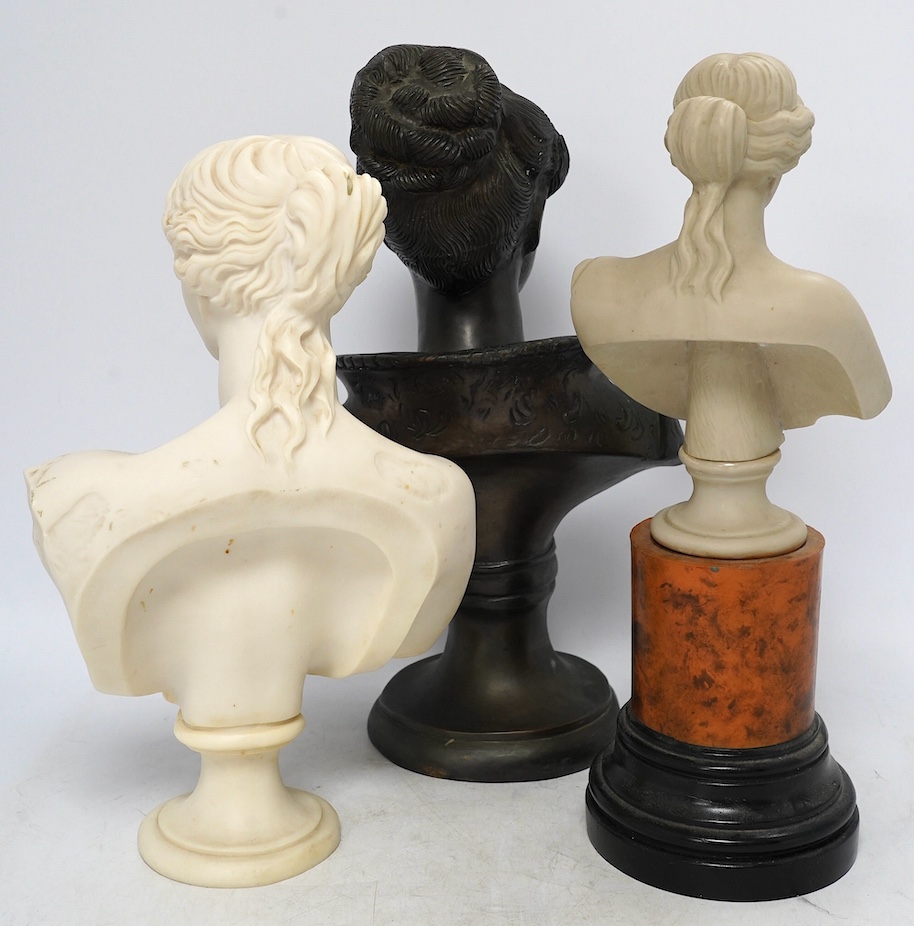 Two resin busts of Venus de Milo on plinth, together with a 20th century bronze bust, tallest 36cm high. Condition - fair